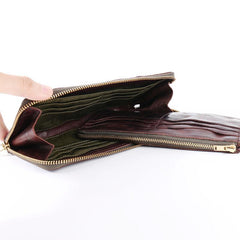 Cool Leather Mens Clutch Simple Brown Wallet Zipper Clutch Wristlet Phone Purse for Men