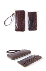 Cool Leather Mens Clutch Simple Brown Wallet Zipper Clutch Wristlet Phone Purse for Men