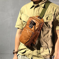 Vintage Black Leather Mens Cool Chest Bag Sling Bag Crossbody Pack Tan One Shoulder Backpack for men