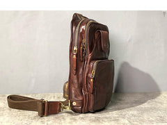 Vintage Black Leather Mens Cool Chest Bag Sling Bag Crossbody Pack Tan One Shoulder Backpack for men