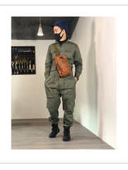 Vintage Black Leather Mens Cool Chest Bag Sling Bag Crossbody Pack Tan One Shoulder Backpack for men