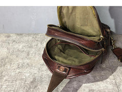 Vintage Black Leather Mens Cool Chest Bag Sling Bag Crossbody Pack Tan One Shoulder Backpack for men