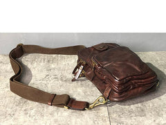 Vintage Black Leather Mens Cool Chest Bag Sling Bag Crossbody Pack Tan One Shoulder Backpack for men