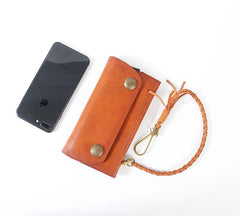 Tan Leather Mens Cool Trifold Chain Wallet Long Leather Chain Wallet Biker Wallet for Men