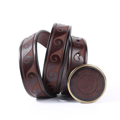 Genuine Tooled Leather Mens Embossed Black Belt Smooth Buckle Belt Brown Around Belt For Men