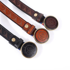 Genuine Tooled Leather Mens Embossed Black Belt Smooth Buckle Belt Brown Around Belt For Men