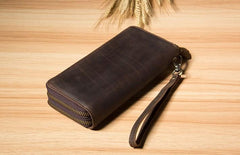 Vintage Leather Mens Clutch Wallet Double Zipper Clutch Wristlet Wallet for Men