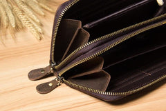 Vintage Leather Mens Clutch Wallet Double Zipper Clutch Wristlet Wallet for Men