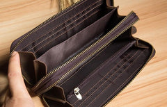 Vintage Leather Mens Clutch Wallet Double Zipper Clutch Wristlet Wallet for Men