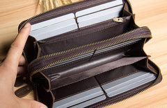 Vintage Leather Mens Clutch Wallet Double Zipper Clutch Wristlet Wallet for Men