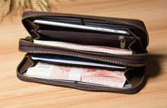 Vintage Leather Mens Clutch Wallet Double Zipper Clutch Wristlet Wallet for Men