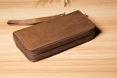 Vintage Leather Mens Clutch Wallet Double Zipper Clutch Wristlet Wallet for Men