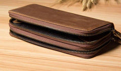 Vintage Leather Mens Clutch Wallet Double Zipper Clutch Wristlet Wallet for Men