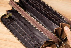 Vintage Leather Mens Clutch Wallet Double Zipper Clutch Wristlet Wallet for Men
