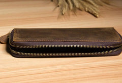Vintage Leather Mens Clutch Wallet Double Zipper Clutch Wristlet Wallet for Men