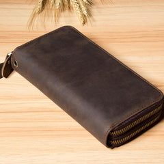 Vintage Leather Mens Clutch Wallet Double Zipper Clutch Wristlet Wallet for Men