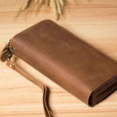 Vintage Leather Mens Clutch Wallet Double Zipper Clutch Wristlet Wallet for Men