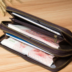 Vintage Leather Mens Clutch Wallet Double Zipper Clutch Wristlet Wallet for Men