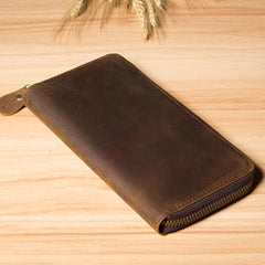 Vintage Leather Mens Clutch Wallet Double Zipper Clutch Wristlet Wallet for Men
