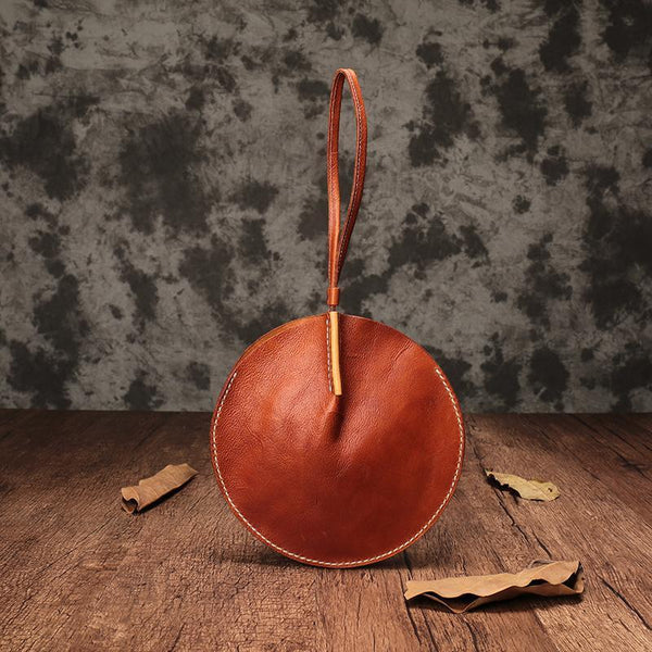 Vintage Brown Womens Circle Clutch Bag Round Small Purses Wristlet Round Bag for Ladies