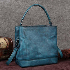 Vintage Women Blue Bucket Handbag Leather Brown Shoulder Barrel Bag Bucket Bag for Ladies