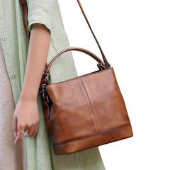 Vintage Women Blue Bucket Handbag Leather Brown Shoulder Barrel Bag Bucket Bag for Ladies