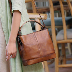 Brown Leather Womens Handbag Bucket Shoulder Bag Red Leather Barrel Blue Handbag for Ladies