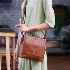 Vintage Women Blue Bucket Handbag Leather Brown Shoulder Barrel Bag Bucket Bag for Ladies