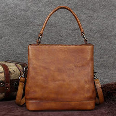 Brown Leather Womens Handbag Bucket Shoulder Bag Red Leather Barrel Blue Handbag for Ladies