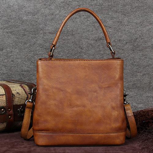 Womens Barrel Purse Genuine Leather Crossbody Bags for Women, Brown