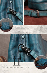 Vintage Women Blue Bucket Handbag Leather Brown Shoulder Barrel Bag Bucket Bag for Ladies