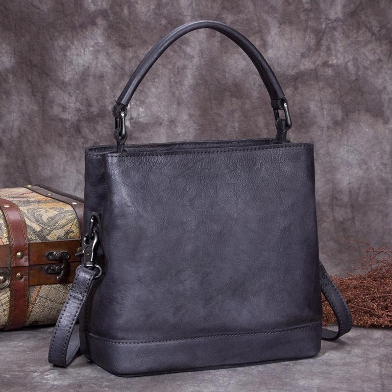 Grey Ladies Vintage Leather Bucket Handbag Leather Bucket Brown Shoulder Bag Barrel Purse for Women