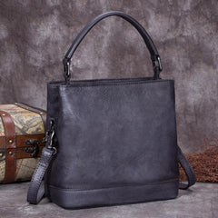 Vintage Women Blue Bucket Handbag Leather Brown Shoulder Barrel Bag Bucket Bag for Ladies