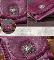 Purple Vintage Leather Womens Buckle Small Trifold Red billfold Wallet Purse for Ladies