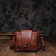 Small Vintage Womens Brown Leather Chain Shoulder Bag Chain Fashion Black Side Bag for Ladies