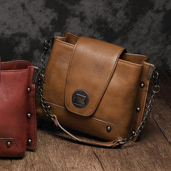 Small Vintage Womens Brown Leather Chain Shoulder Bag Chain Fashion Black Side Bag for Ladies