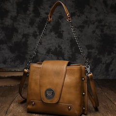 Small Vintage Womens Black Leather Chain Shoulder Bag Chain Fashion Brown Side Bag for Ladies