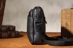 Leather Mens Black Small Shoulder Bag Messenger Bag Crossbody Bag for Men