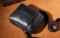 Leather Mens Black Small Shoulder Bag Messenger Bag Crossbody Bag for Men