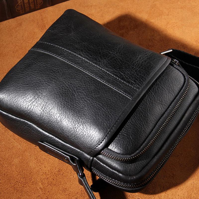 Leather Mens Black Small Shoulder Bag Messenger Bag Crossbody Bag for Men