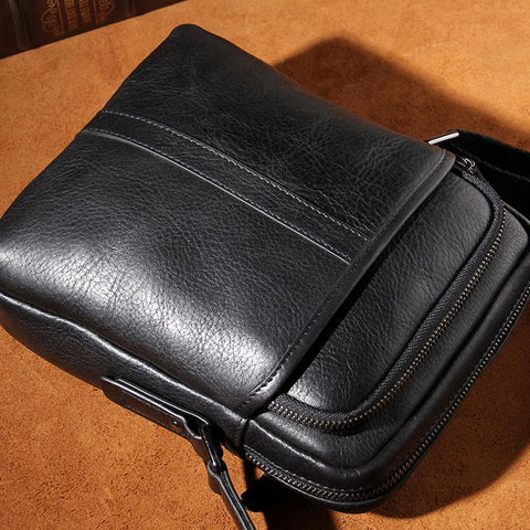 Leather Mens Black Small Shoulder Bag Messenger Bag Crossbody Bag for Men