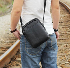 Leather Mens Black Small Shoulder Bag Messenger Bag Crossbody Bag for Men