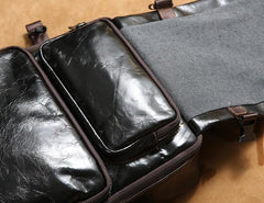 Genuine Leather Mens Cool Black Backpack Laptop Bag Large Travel Bag Hiking Bag for Men