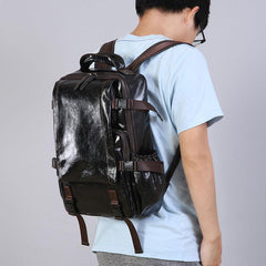 Genuine Leather Mens Cool Black Backpack Laptop Bag Large Travel Bag Hiking Bag for Men