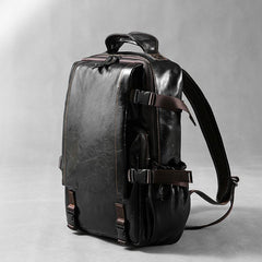 Genuine Leather Mens Cool Black Backpack Laptop Bag Large Travel Bag Hiking Bag for Men