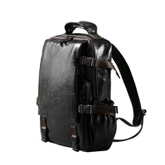 Genuine Leather Mens Cool Black Backpack Laptop Bag Large Travel Bag Hiking Bag for Men
