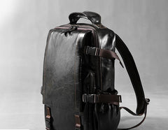 Genuine Leather Mens Cool Black Backpack Laptop Bag Large Travel Bag Hiking Bag for Men
