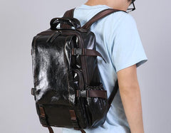 Genuine Leather Mens Cool Black Backpack Laptop Bag Large Travel Bag Hiking Bag for Men