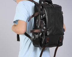 Genuine Leather Mens Cool Black Backpack Laptop Bag Large Travel Bag Hiking Bag for Men