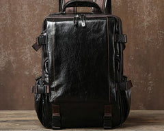 Genuine Leather Mens Cool Black Backpack Laptop Bag Large Travel Bag Hiking Bag for Men